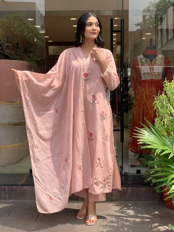 Peach Cotton Embroidered Kurta Set with Matching Dupatta for Women