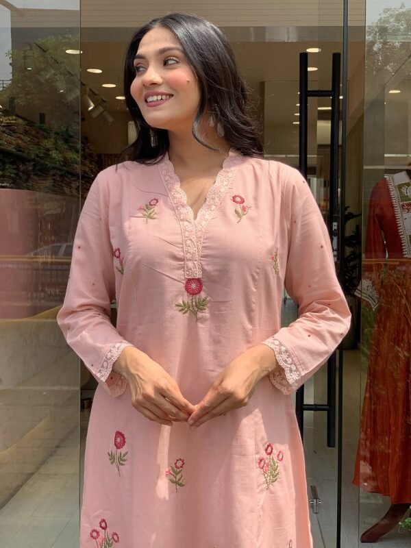 Peach Cotton Embroidered Kurta Set with Matching Dupatta for Women