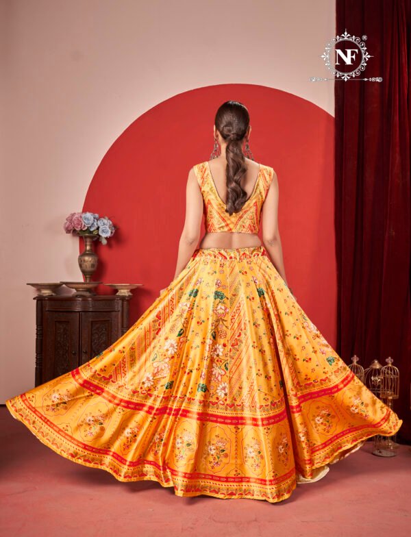 Mustard Yellow Printed Gota Satin Lehenga Choli with Traditional Floral Design