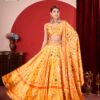Mustard Yellow Printed Gota Satin Lehenga Choli with Traditional Floral Design