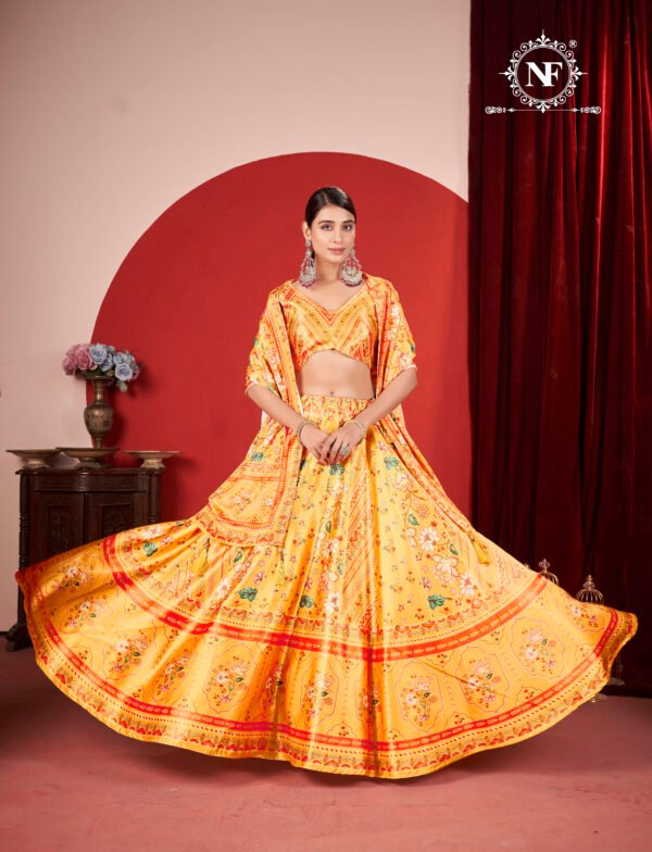 Mustard Yellow Printed Gota Satin Lehenga Choli with Traditional Floral Design