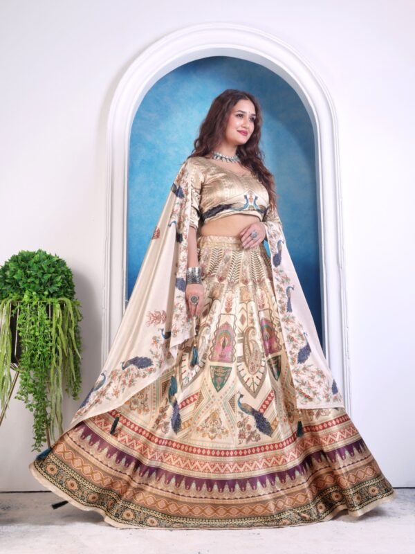 Premium Zari Gota Printed Fabric with Traditional Peacock Motifs