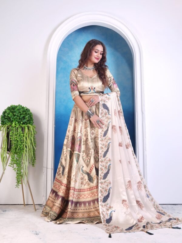 Premium Zari Gota Printed Fabric with Traditional Peacock Motifs