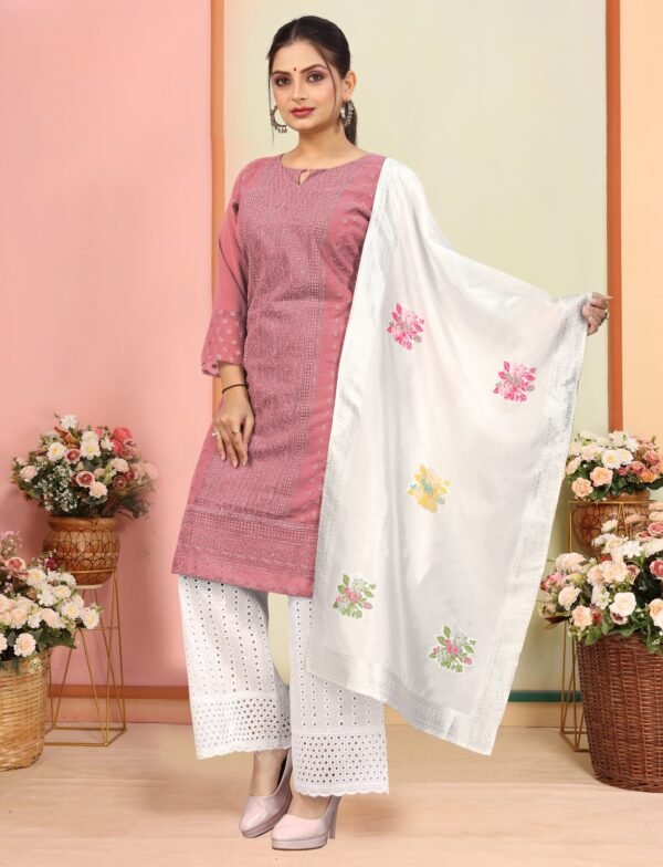 Elegant Chikankari Work Kurti Set with White Chikankari Palazzo & Floral Dupatta