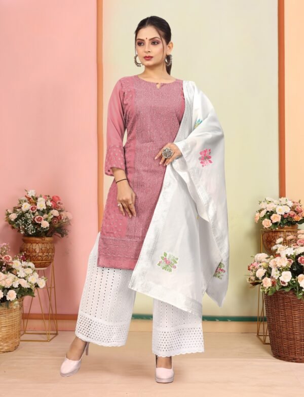 Elegant Chikankari Work Kurti Set with White Chikankari Palazzo & Floral Dupatta