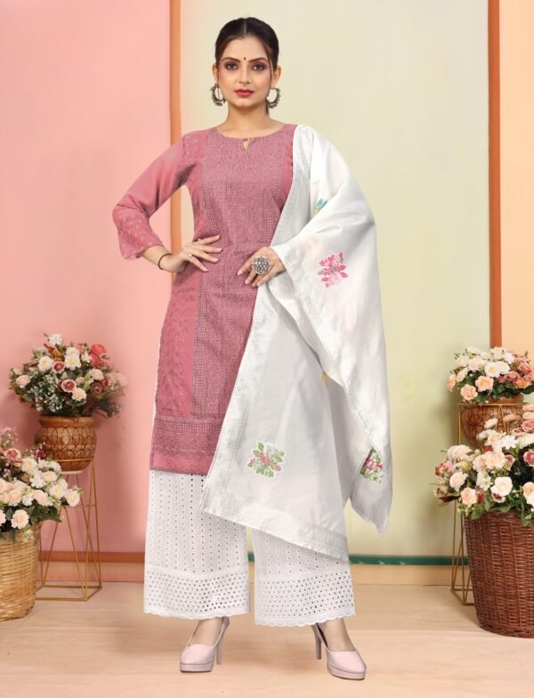 Elegant Chikankari Work Kurti Set with White Chikankari Palazzo & Floral Dupatta