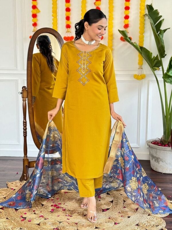 photo_2025-05-02_10-13-39 Mustard Yellow Embroidered Kurti Pant Set with Floral Printed Dupatta for Women