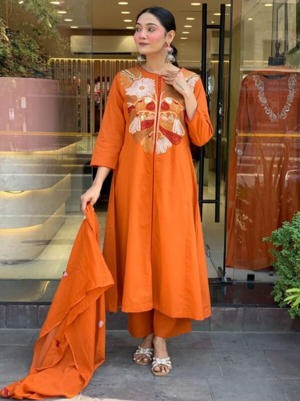 Stylish Orange Embroidered Kurti Set for Women | Festive & Trendy Wear
