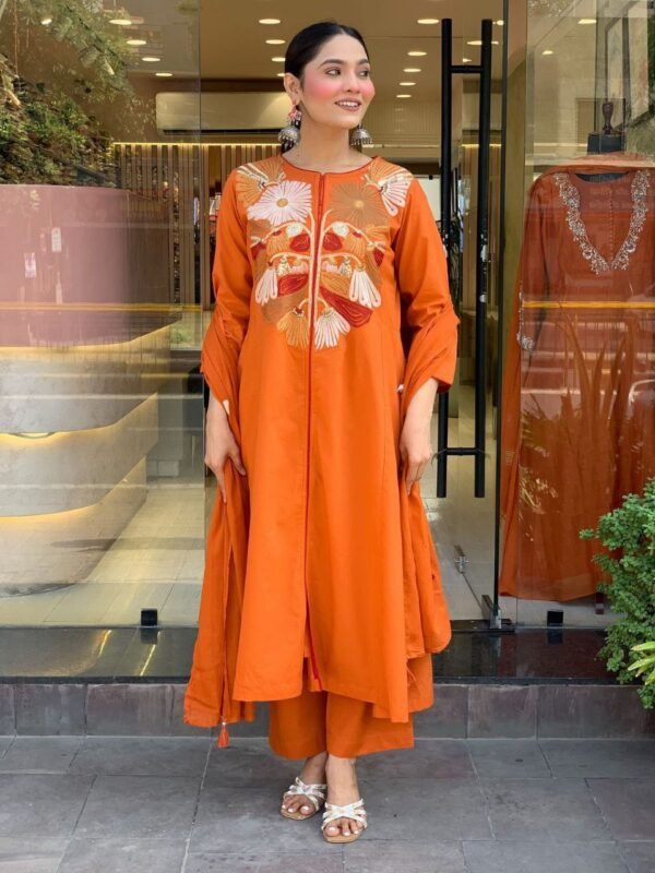 Stylish Orange Embroidered Kurti Set for Women | Festive & Trendy Wear