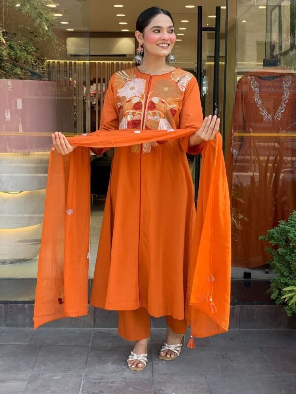Stylish Orange Embroidered Kurti Set for Women | Festive & Trendy Wear