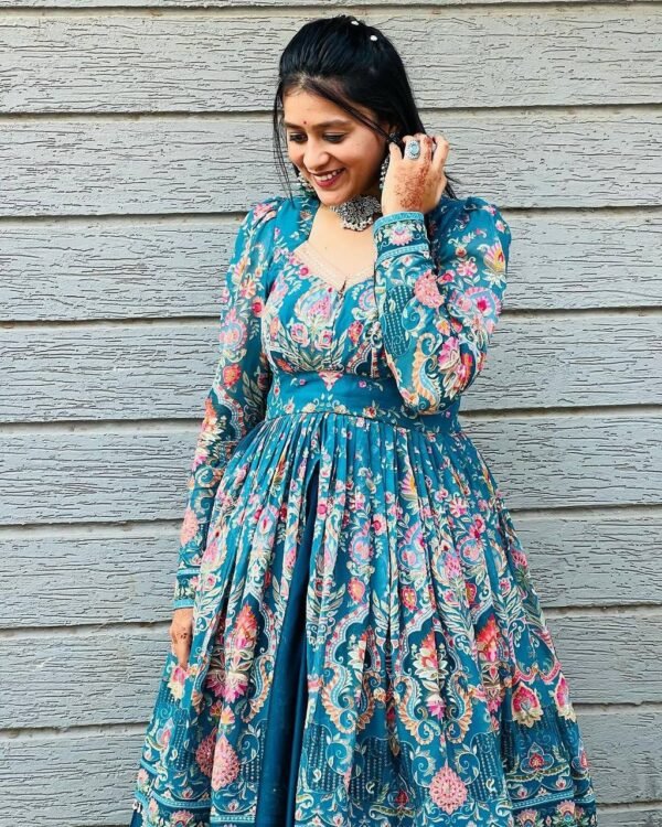Teal Floral Printed Anarkali Gown in Premium Fiyona Silk