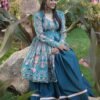 Teal Floral Printed Anarkali Gown in Premium Fiyona Silk