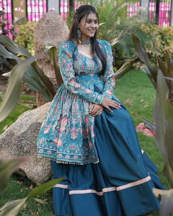 Teal Floral Printed Anarkali Gown in Premium Fiyona Silk