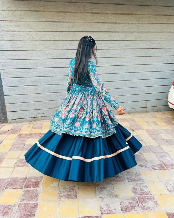 Teal Floral Printed Anarkali Gown in Premium Fiyona Silk