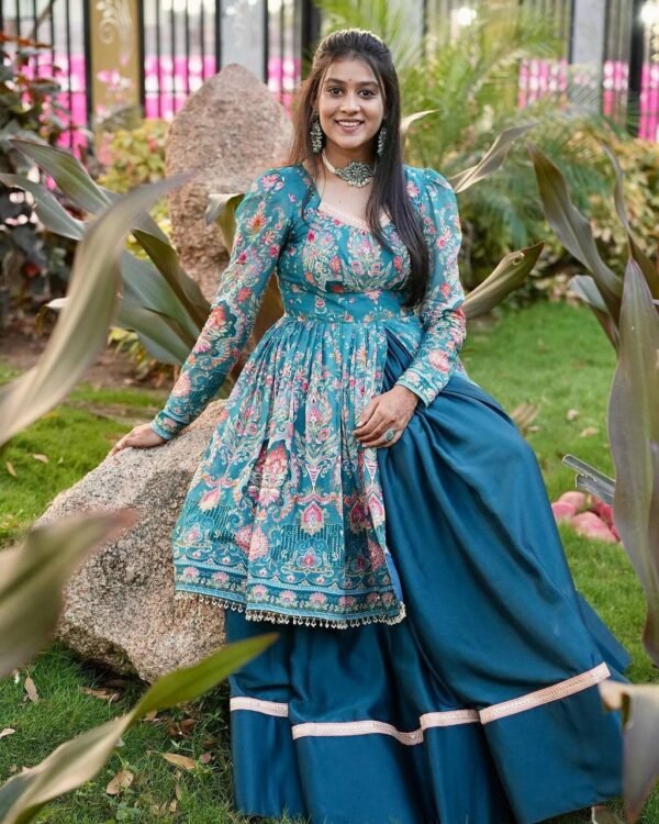 Teal Floral Printed Anarkali Gown in Premium Fiyona Silk