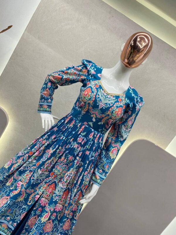 Teal Floral Printed Anarkali Gown in Premium Fiyona Silk