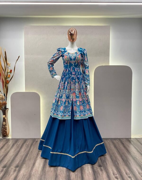 Teal Floral Printed Anarkali Gown in Premium Fiyona Silk