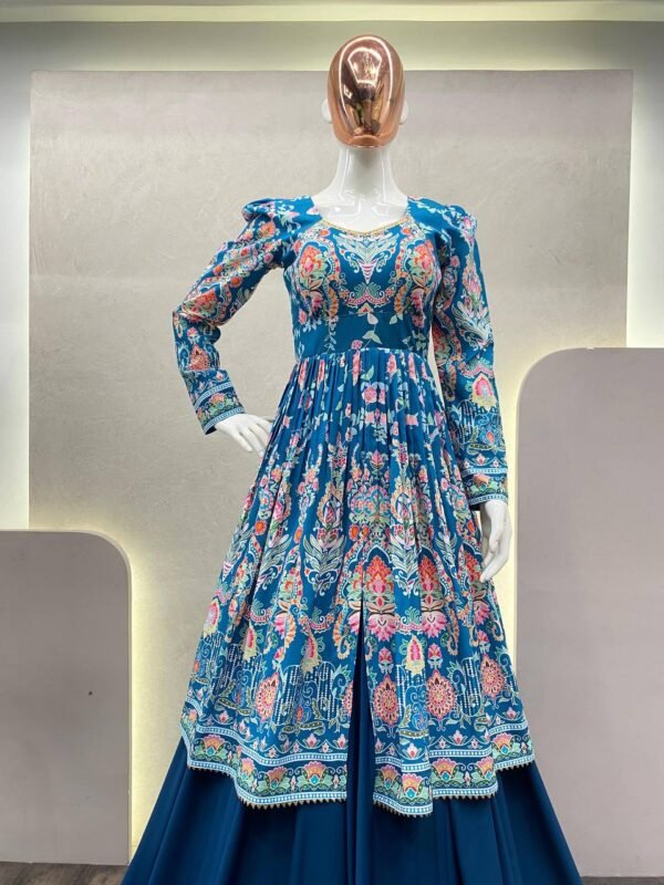 Teal Floral Printed Anarkali Gown in Premium Fiyona Silk