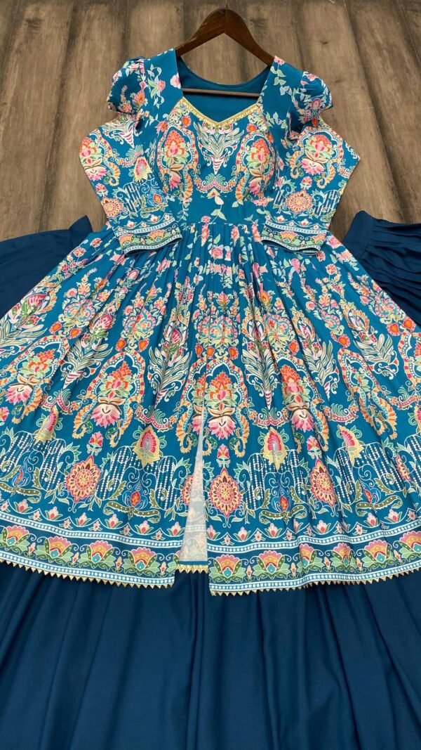 Teal Floral Printed Anarkali Gown in Premium Fiyona Silk