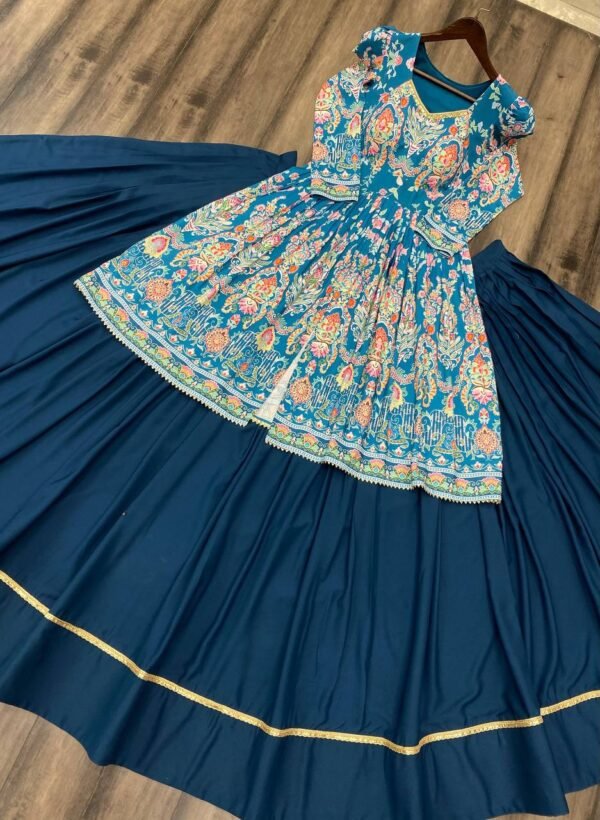 Teal Floral Printed Anarkali Gown in Premium Fiyona Silk