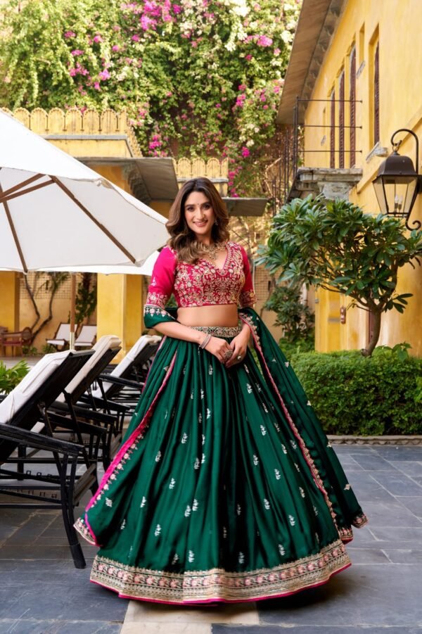 Elegant Green & Pink Embroidered Lehenga Choli for Weddings