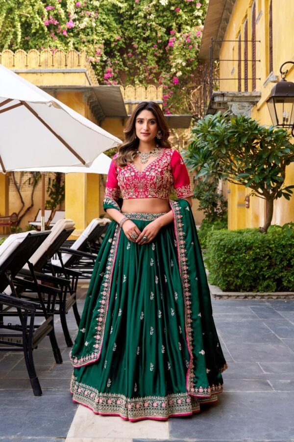 Elegant Green & Pink Embroidered Lehenga Choli for Weddings