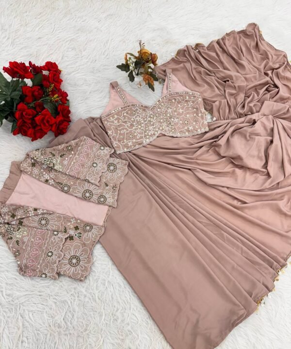 Dusty Rose Pink Designer Organza Saree with Embroidered Jacket Blouse – Party & Wedding Wear
