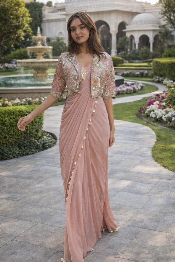 Dusty Rose Pink Designer Organza Saree with Embroidered Jacket Blouse – Party & Wedding Wear