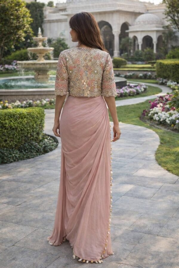 Dusty Rose Pink Designer Organza Saree with Embroidered Jacket Blouse – Party & Wedding Wear