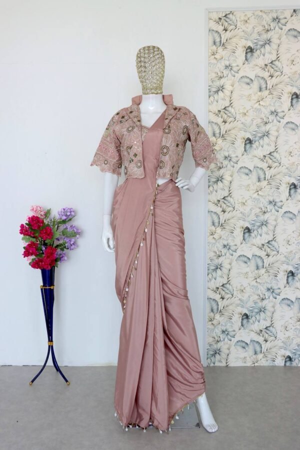 Dusty Rose Pink Designer Organza Saree with Embroidered Jacket Blouse – Party & Wedding Wear