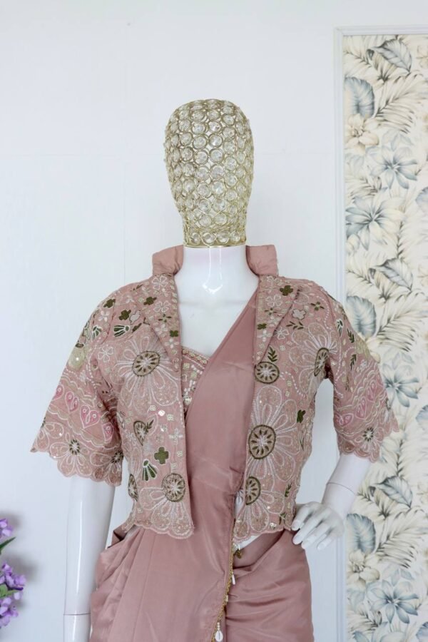Dusty Rose Pink Designer Organza Saree with Embroidered Jacket Blouse – Party & Wedding Wear