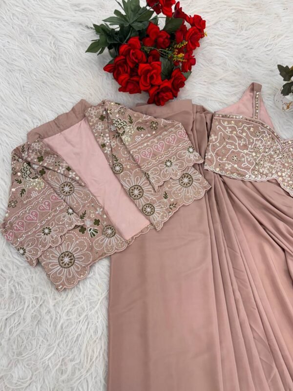 Dusty Rose Pink Designer Organza Saree with Embroidered Jacket Blouse – Party & Wedding Wear