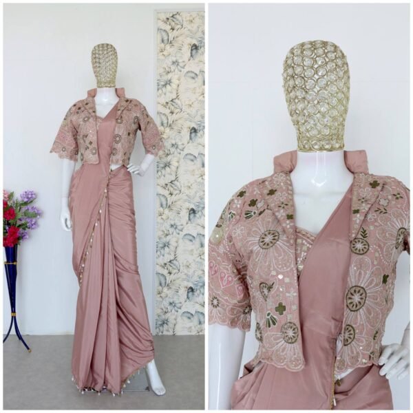 Dusty Rose Pink Designer Organza Saree with Embroidered Jacket Blouse – Party & Wedding Wear