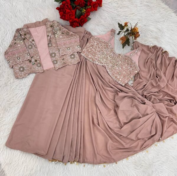 Dusty Rose Pink Designer Organza Saree with Embroidered Jacket Blouse – Party & Wedding Wear