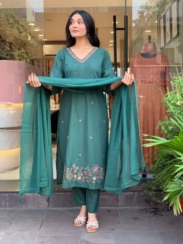 Emerald Green Embroidered Kurta Set with Dupatta – Elegant Festive Wear for Women