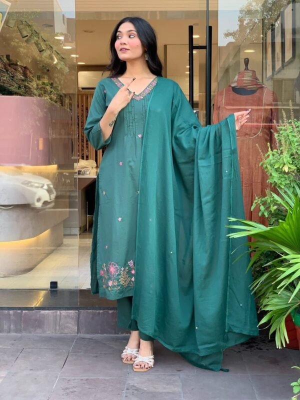 Emerald Green Embroidered Kurta Set with Dupatta – Elegant Festive Wear for Women