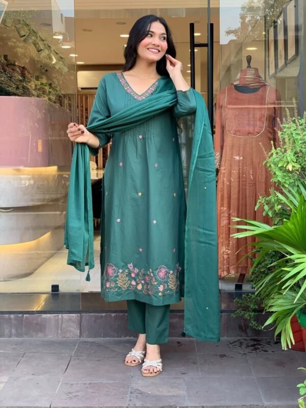 Emerald Green Embroidered Kurta Set with Dupatta – Elegant Festive Wear for Women