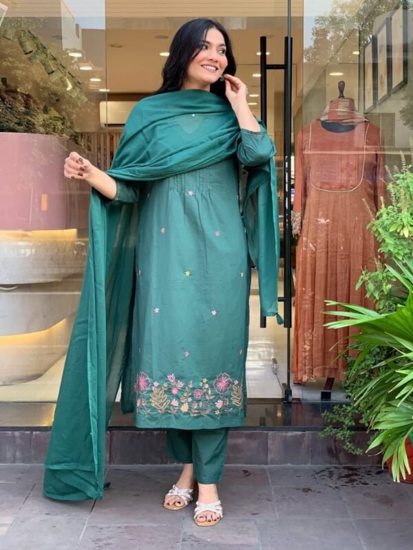Emerald Green Embroidered Kurta Set with Dupatta – Elegant Festive Wear for Women