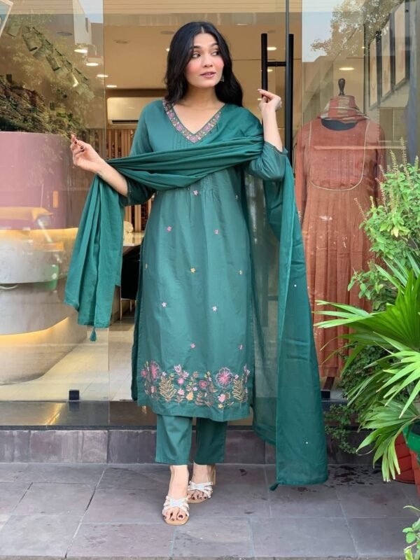 Emerald Green Embroidered Kurta Set with Dupatta – Elegant Festive Wear for Women