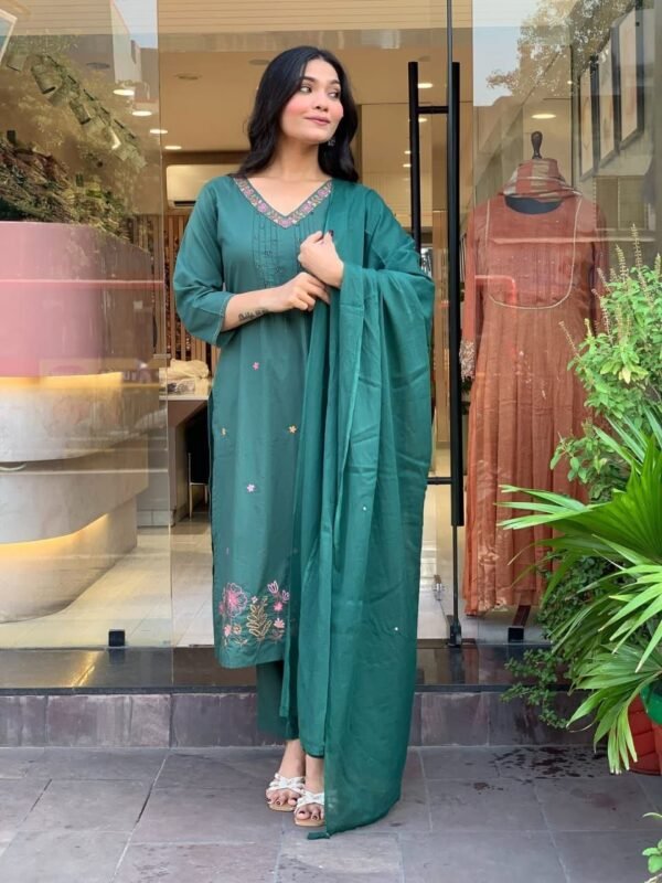 Emerald Green Embroidered Kurta Set with Dupatta – Elegant Festive Wear for Women