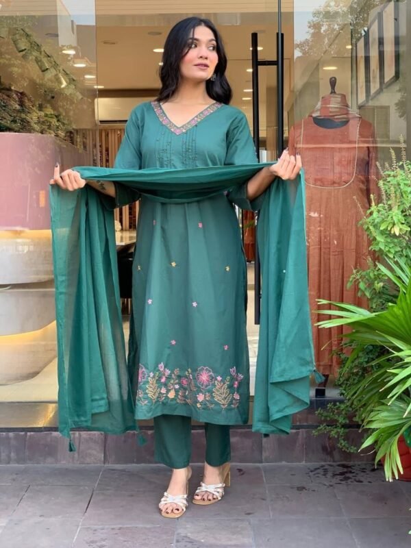 Emerald Green Embroidered Kurta Set with Dupatta – Elegant Festive Wear for Women