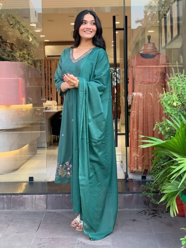 Emerald Green Embroidered Kurta Set with Dupatta – Elegant Festive Wear for Women