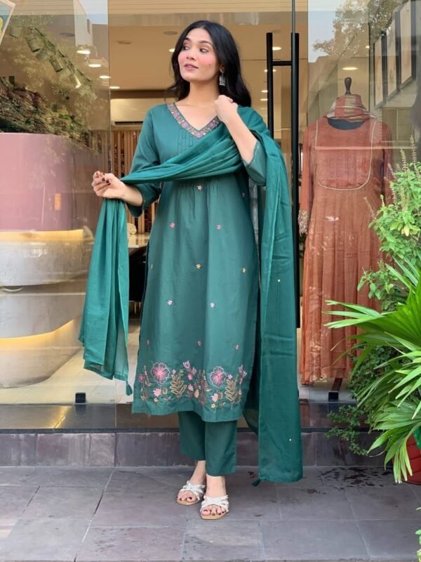 Emerald Green Embroidered Kurta Set with Dupatta – Elegant Festive Wear for Women