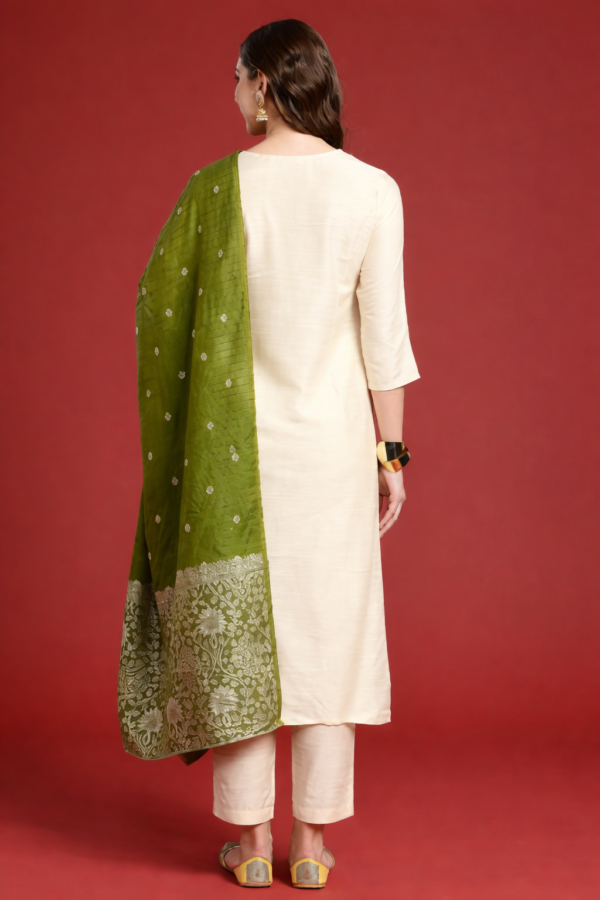 Women Cream Embroidered Kurti Pant Set With Banarasi Dupatta | Elegant Ethnic Wear for Festive Occasion