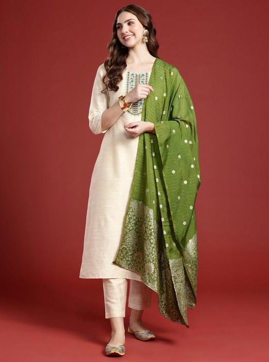 Women Cream Embroidered Kurti Pant Set With Banarasi Dupatta | Elegant Ethnic Wear for Festive Occasion