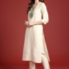 Women Cream Embroidered Kurti Pant Set With Banarasi Dupatta | Elegant Ethnic Wear for Festive Occasion