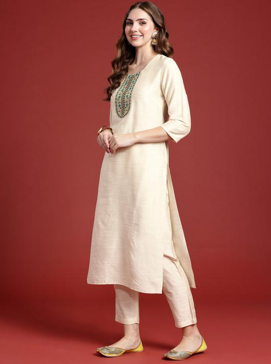 Women Cream Embroidered Kurti Pant Set With Banarasi Dupatta | Elegant Ethnic Wear for Festive Occasion