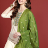 Women Cream Embroidered Kurti Pant Set With Banarasi Dupatta | Elegant Ethnic Wear for Festive Occasion