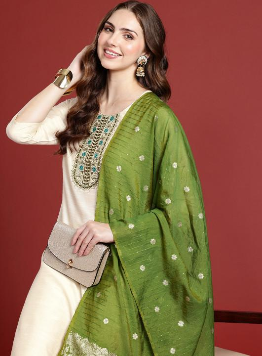 Women Cream Embroidered Kurti Pant Set With Banarasi Dupatta | Elegant Ethnic Wear for Festive Occasion