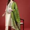 Women Cream Embroidered Kurti Pant Set With Banarasi Dupatta | Elegant Ethnic Wear for Festive Occasion